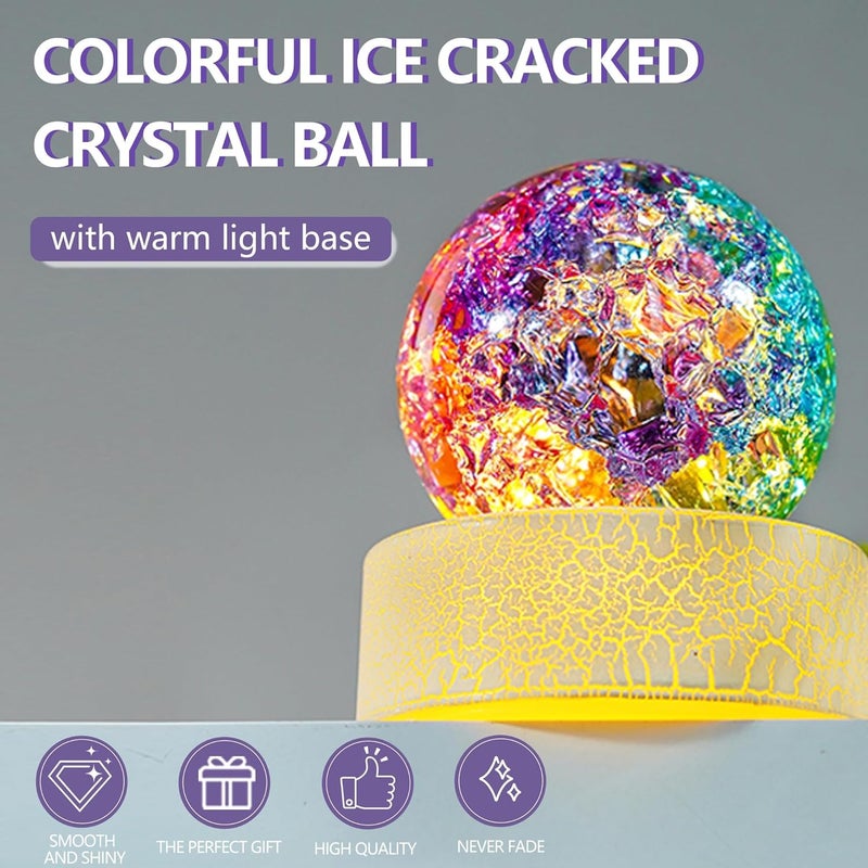 ZEERSHEE 2.3inch Colorful Ice Cracked Crystal Ball with Warm Light Base Glass Decorative Ball Paperweight Home Decor Fengshui Accessories Ornament - Image 4